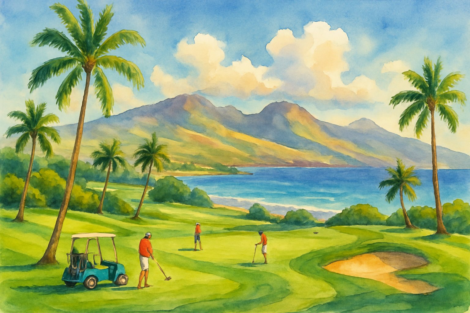 A scenic golf course in Maui with green fairways, palm trees, distant mountains, and the ocean in the background under a bright sky.