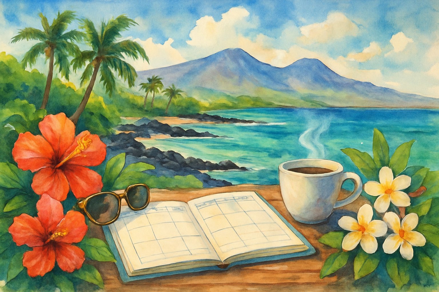 A tropical island scene with a wooden table holding an open planner, coffee cup, and sunglasses, surrounded by flowers, overlooking a coastline with palm trees, volcanic rocks, and mountains.
