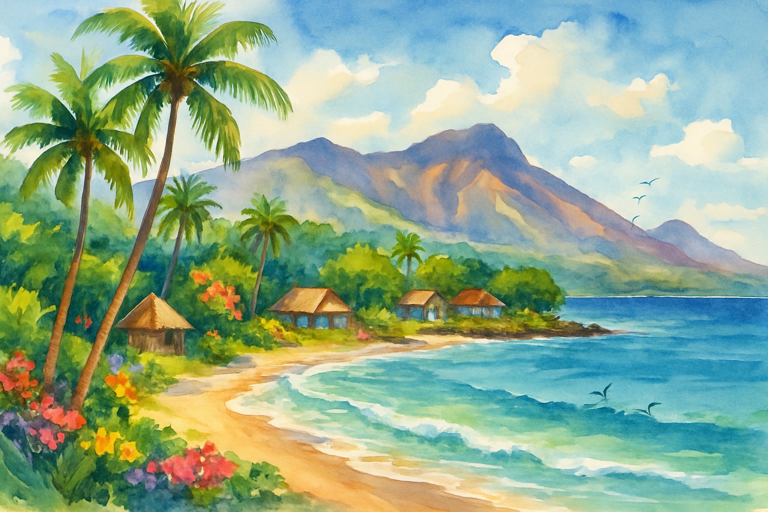 A tropical beach with palm trees, huts, mountains, and calm ocean under a blue sky.