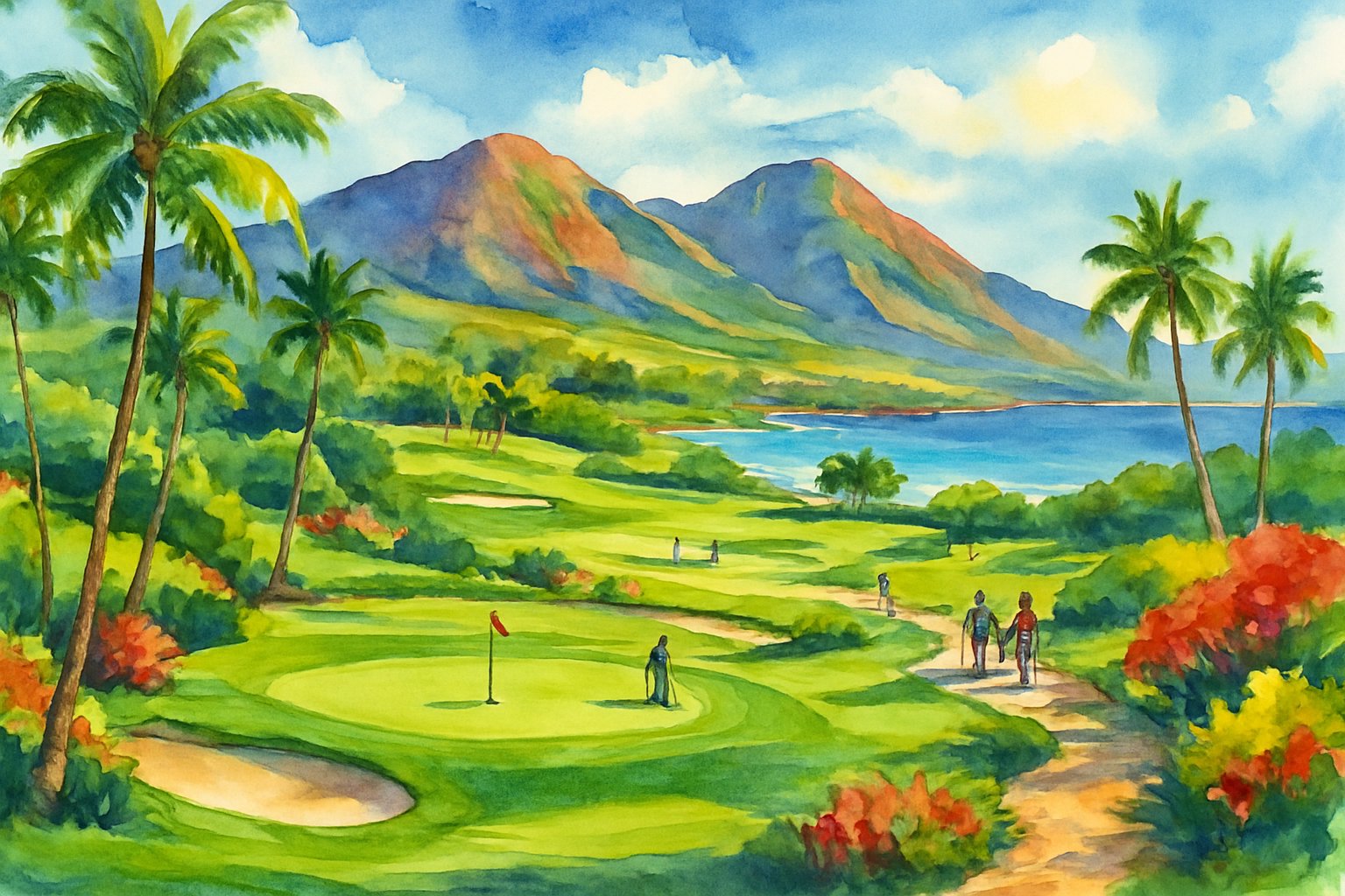 A golf course surrounded by palm trees and mountains near the ocean with visitors enjoying the game.