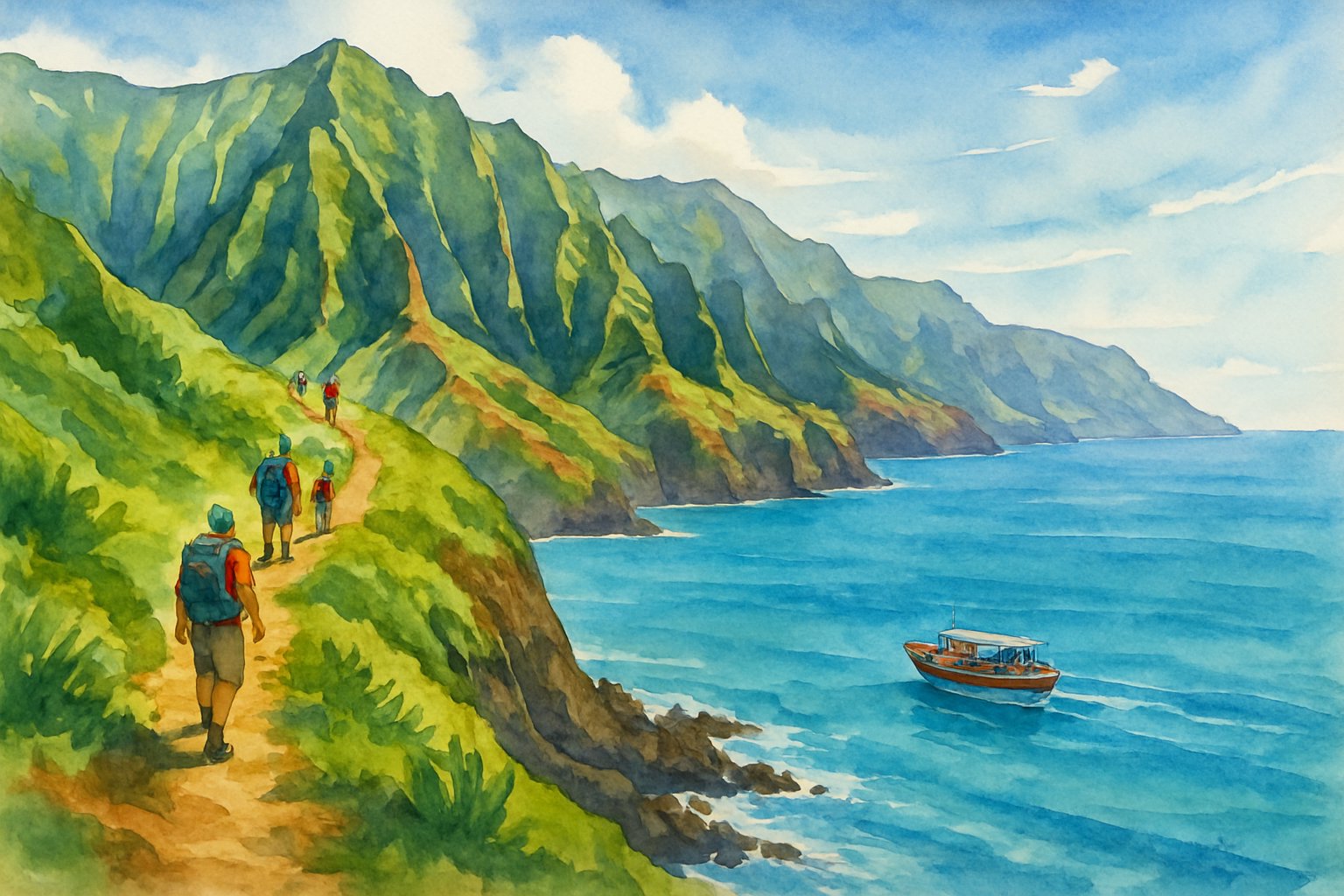 A coastal scene with tall green cliffs, hikers on a trail, and a boat moving along blue ocean waters near the shore.