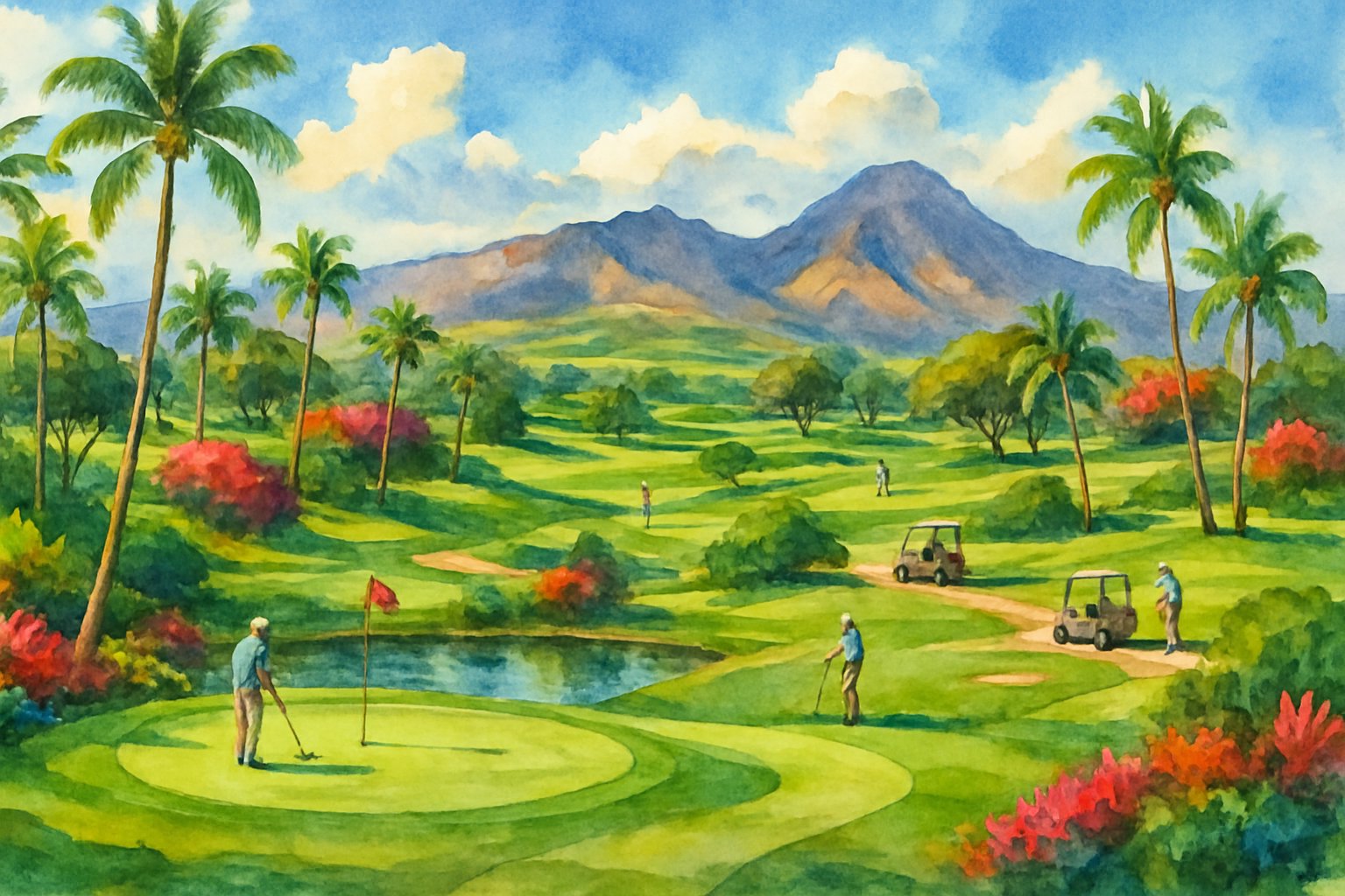 A peaceful golf course on Maui with green fairways, palm trees, hills, and distant mountains under a blue sky.