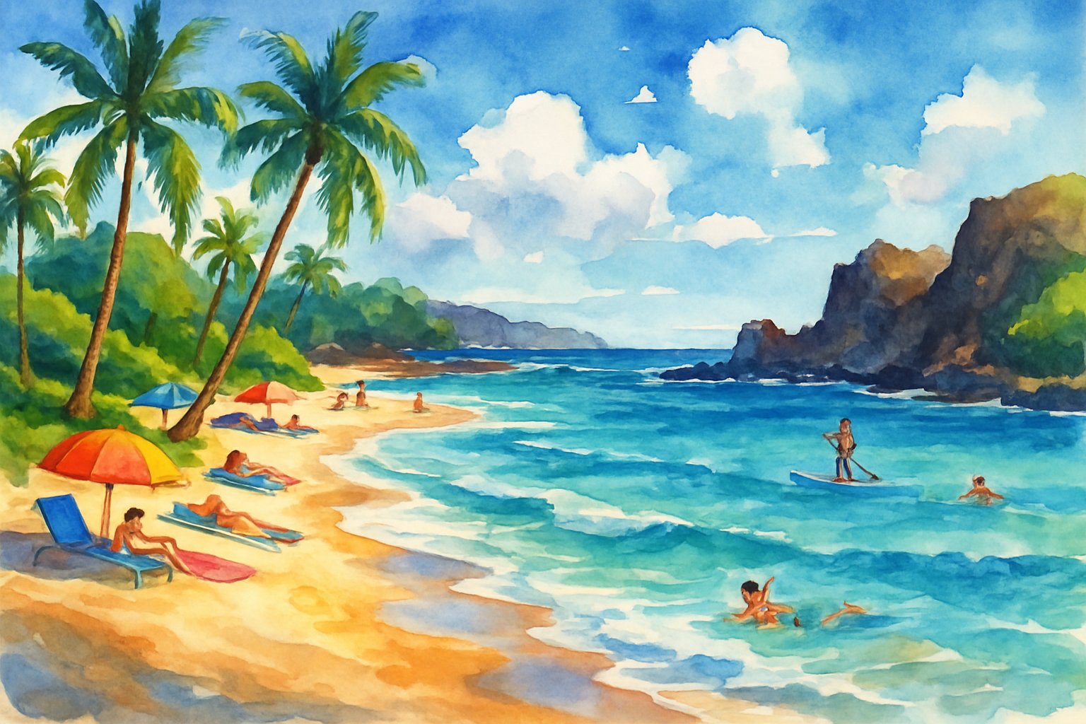 A sunny beach scene with white sand, blue ocean waves, palm trees, volcanic rocks, and people enjoying various beach activities.