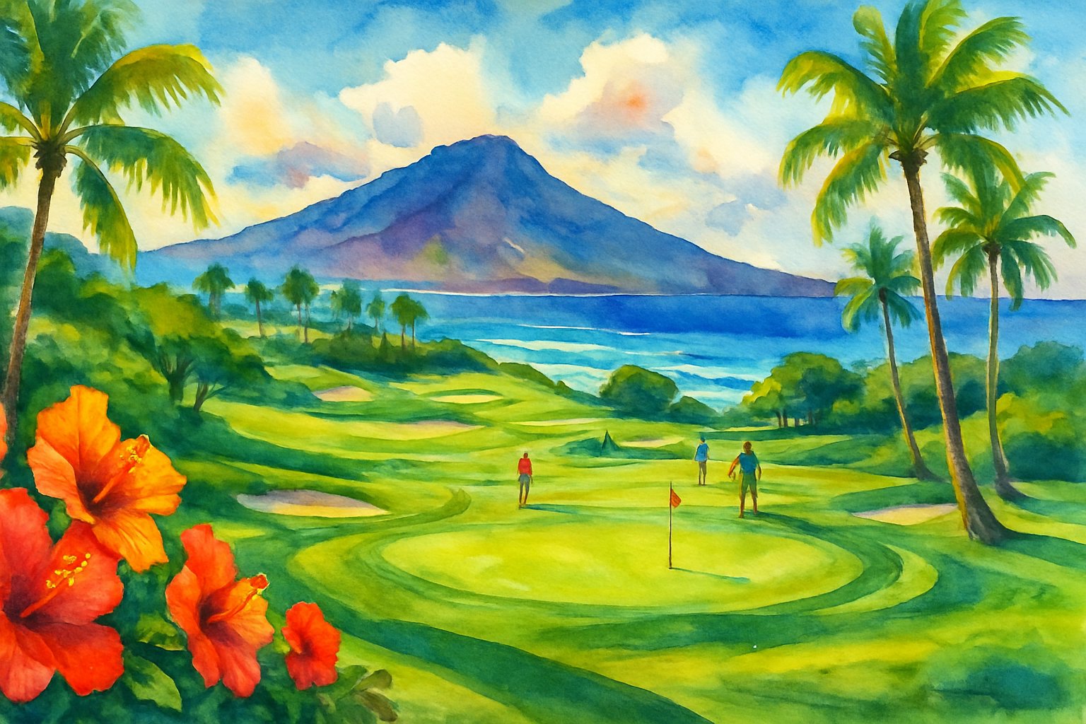A golf course on Maui with green fairways, palm trees, distant volcano, and ocean coastline under a blue sky.