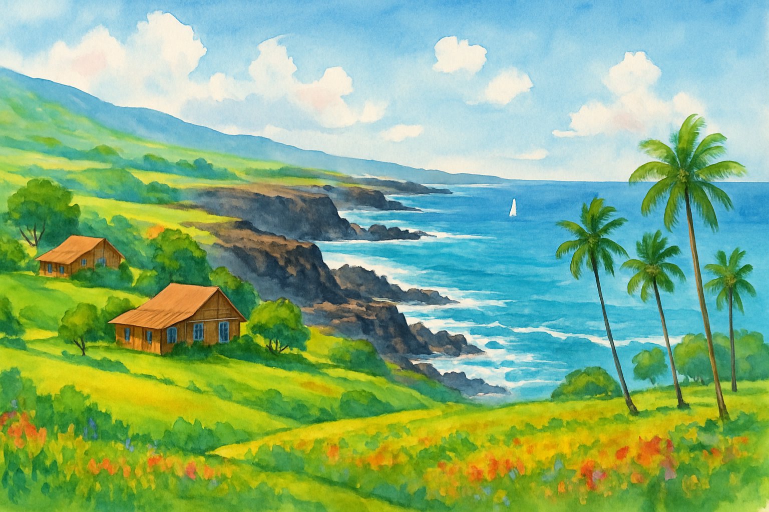 A coastal landscape with green hills, palm trees, rocky shoreline, and sailboats on the ocean under a sunny sky.