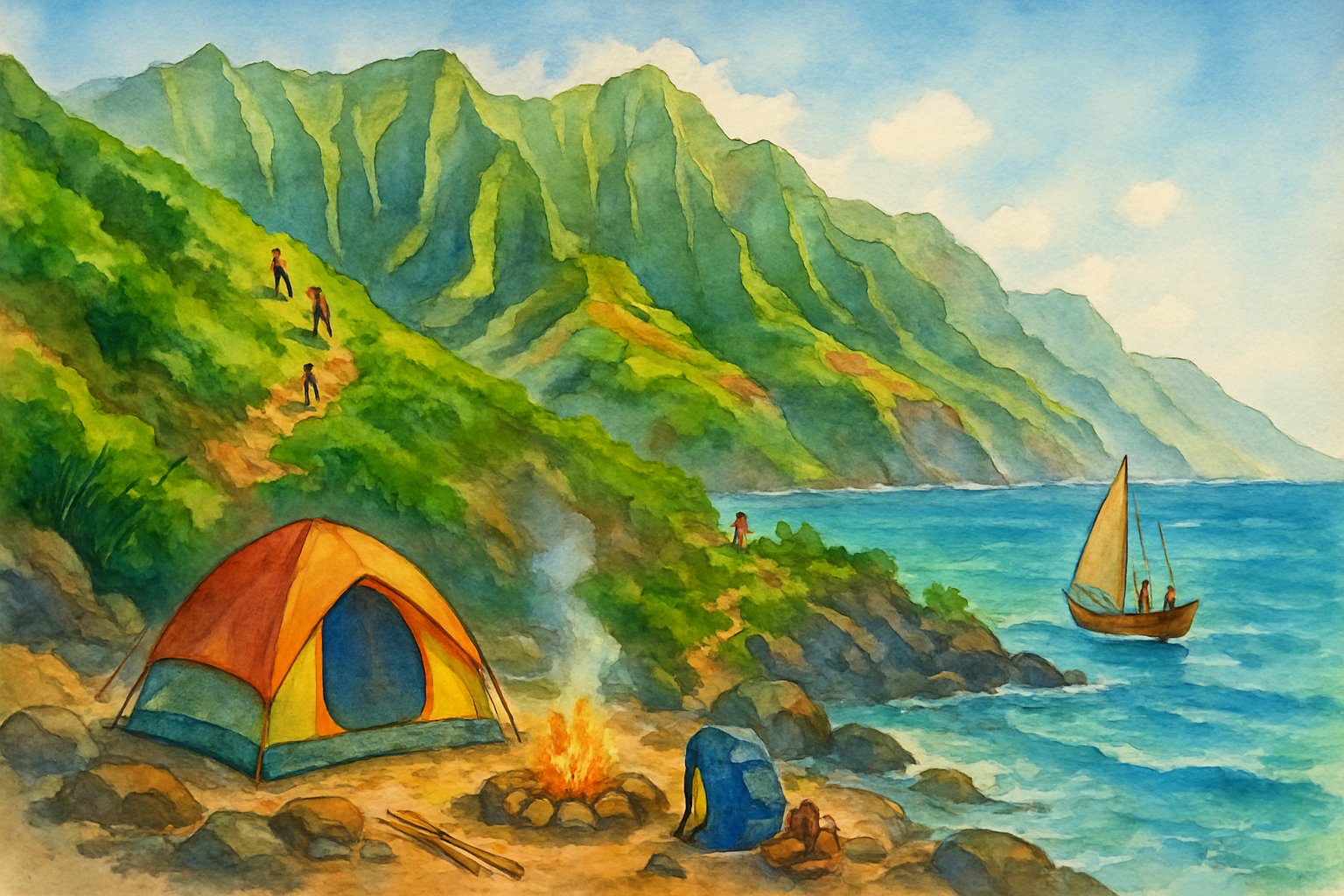 A campsite on a rocky shore near tall green cliffs by the ocean, with hikers on a trail and a boat sailing close to the coastline.