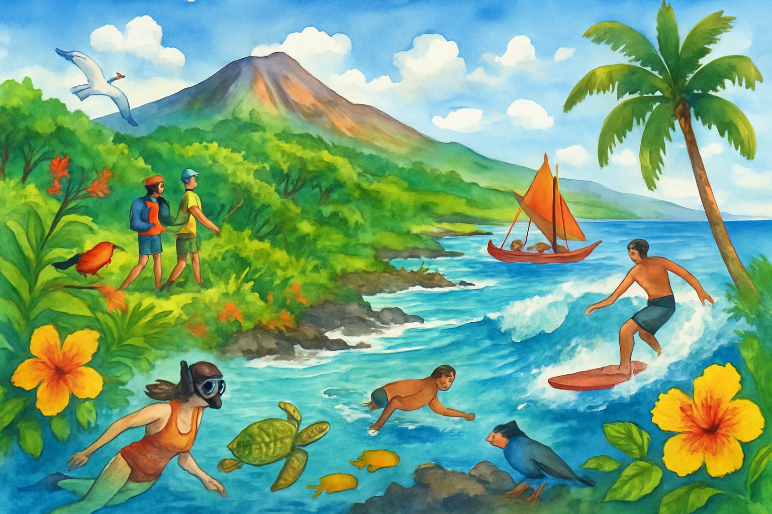 A scenic view of the Big Island with mountains, ocean, people snorkeling and surfing, hikers on forest trails, and a canoe near the shore surrounded by tropical plants and wildlife.