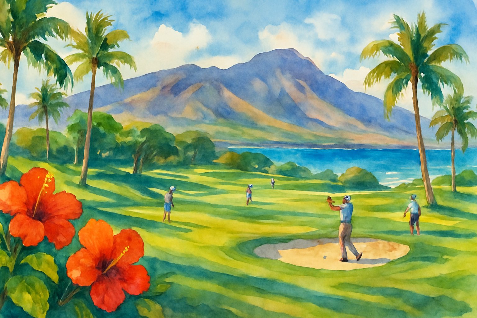 A golf course in Maui with green fairways, palm trees, tropical flowers, mountains in the background, and the ocean visible beyond.
