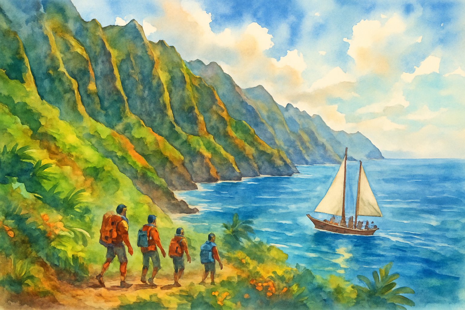 A group of hikers walking along cliffs by the ocean with a boat sailing nearby under a bright sky.
