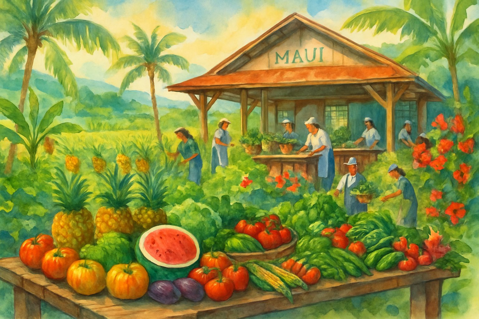 A tropical farm with fresh fruits and vegetables displayed on wooden tables near an open-air restaurant surrounded by lush plants and palm trees.