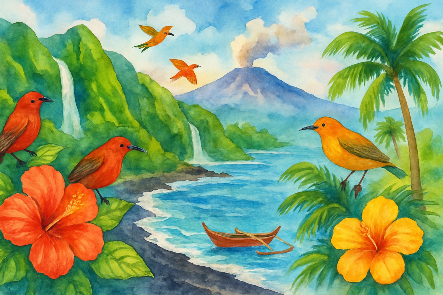 A scenic view of tropical mountains, waterfalls, a black sand beach, ocean waves, a canoe, palm trees, and a volcano with smoke rising.