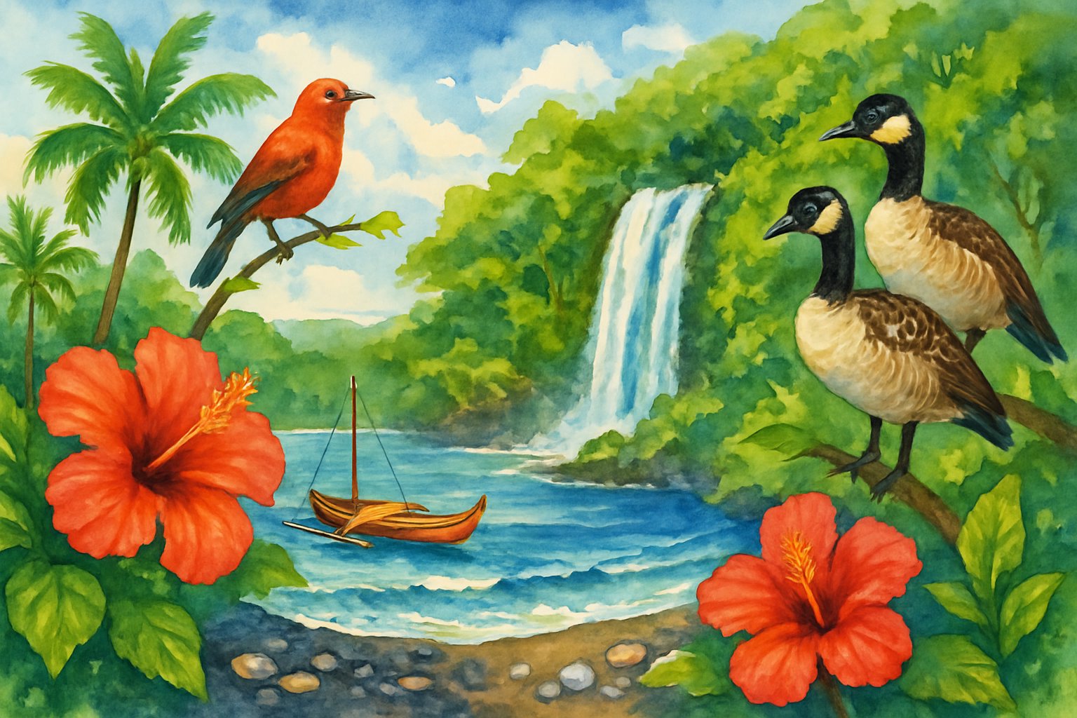 A tropical landscape featuring a waterfall, palm trees, a black sand beach, ocean waves, and colorful birds near Hilo, Hawaii.