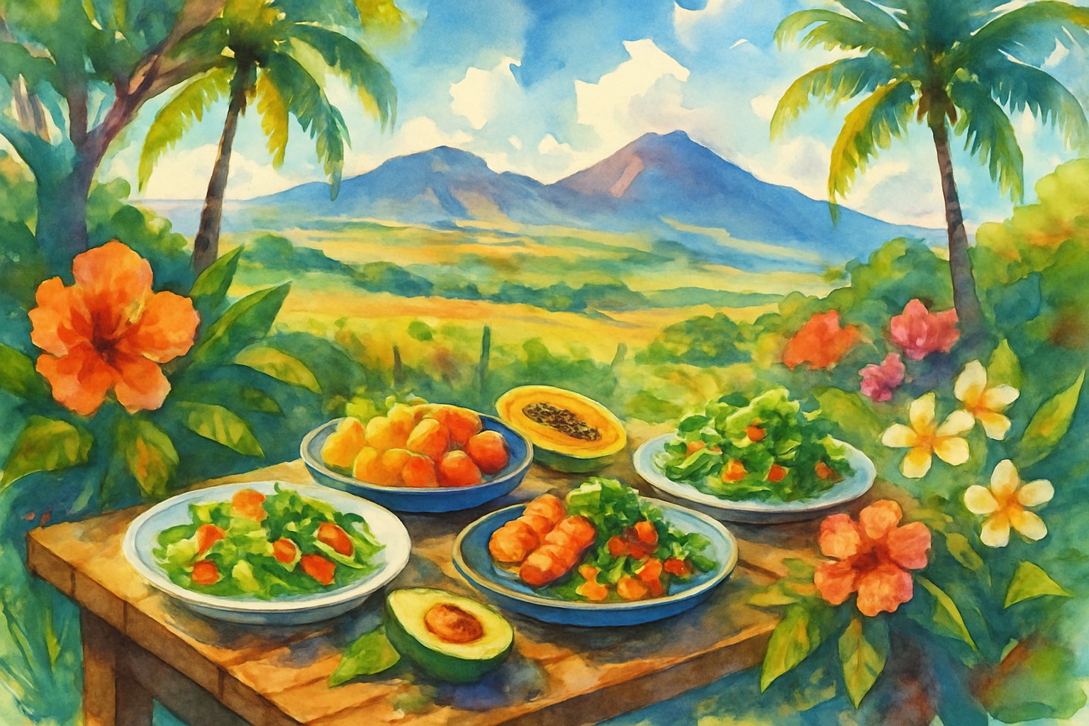 Outdoor dining table with fresh local food surrounded by tropical plants and palm trees, with hills and mountains in the background.