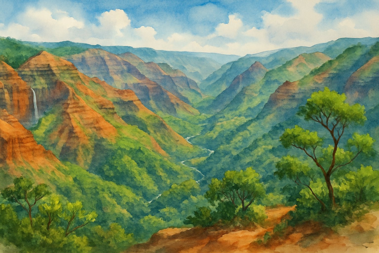 A wide view of Waimea Canyon with red and orange cliffs, green vegetation, and a river winding through the valley under a blue sky.
