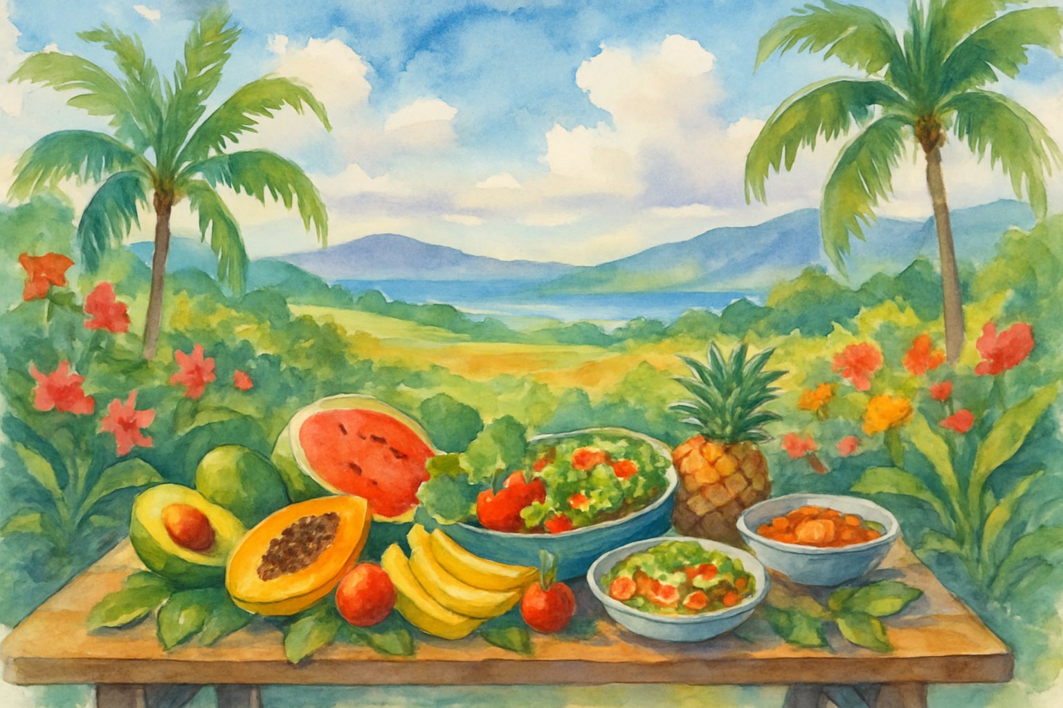An outdoor table with fresh tropical fruits and dishes surrounded by green plants, palm trees, hills, and the ocean in the background.