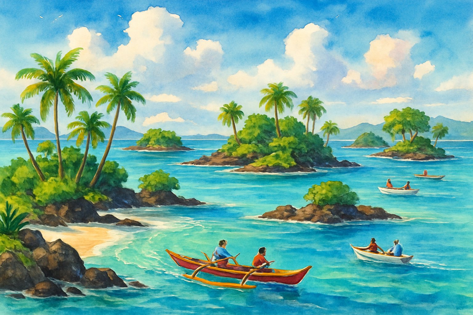 A peaceful tropical scene showing several small green islands surrounded by clear blue water with boats traveling between them under a bright sky.