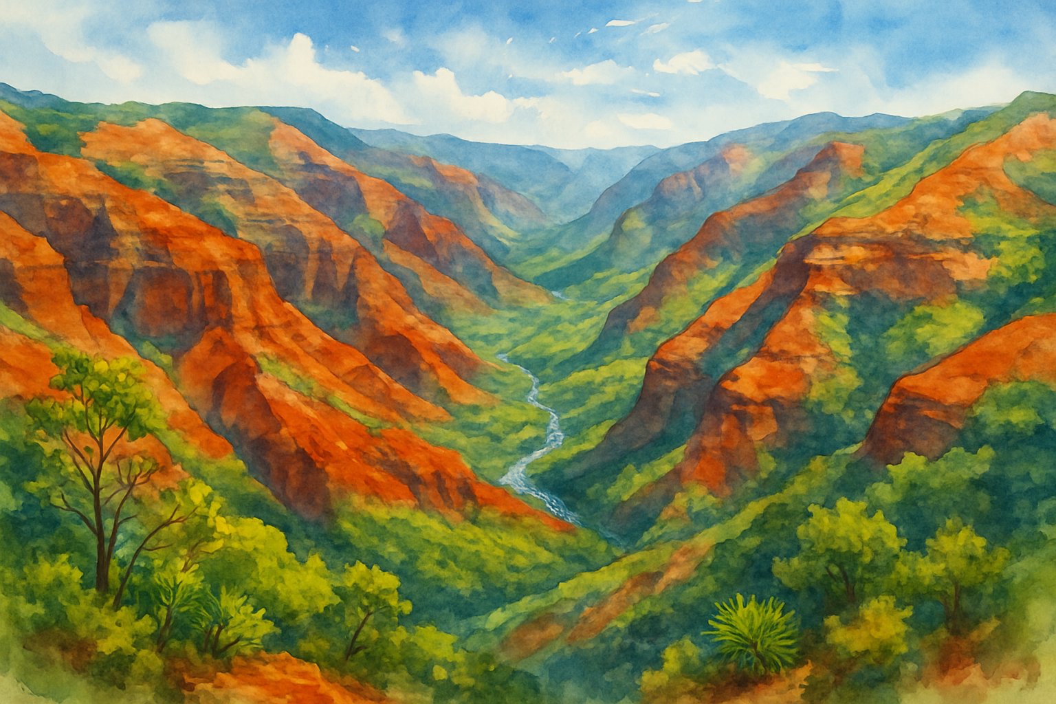 A panoramic view of Waimea Canyon with colorful cliffs, green vegetation, and a river flowing through the valley under a blue sky.