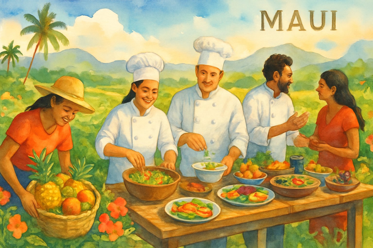 Farmers harvesting tropical produce and chefs preparing meals together in a lush Maui farm setting with hills and palm trees in the background.