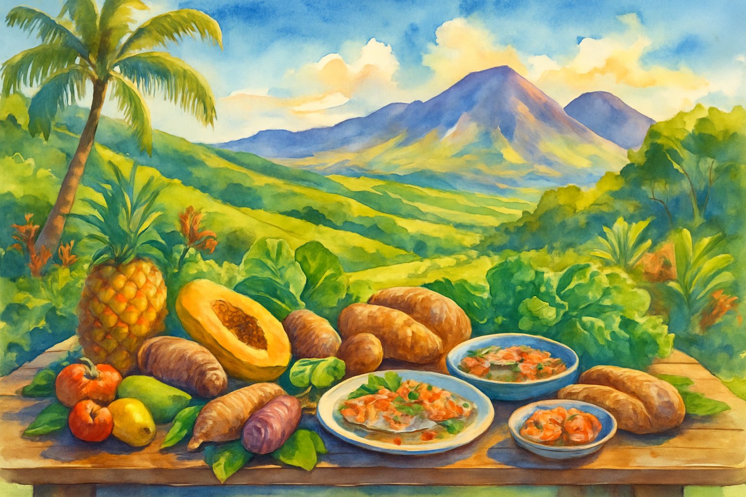 An outdoor table set with fresh tropical fruits, vegetables, and seafood surrounded by green hills, palm trees, and distant mountains in Maui.
