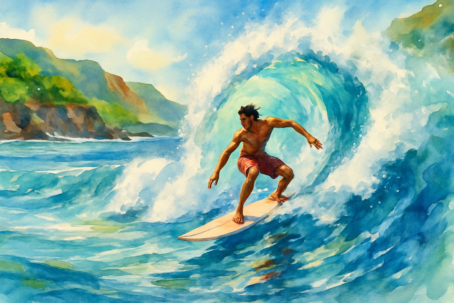 A surfer riding a large wave near a rocky coastline with green cliffs under a clear sky.