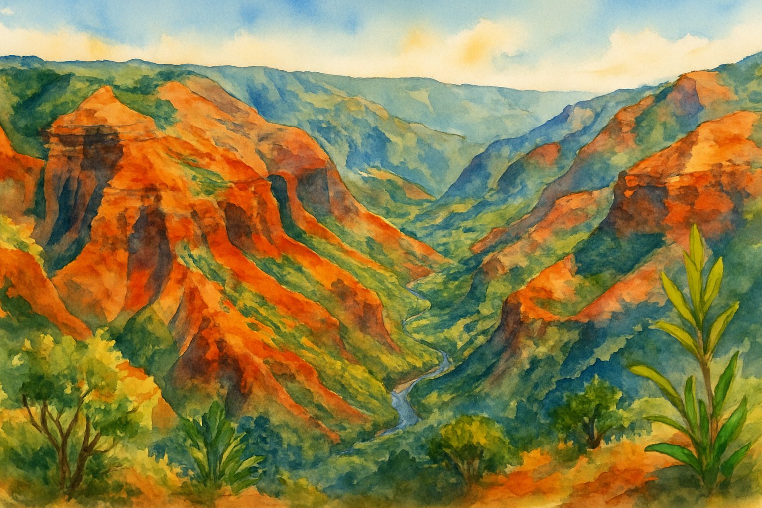 A panoramic view of Waimea Canyon with red and orange cliffs, green vegetation, a river at the bottom, and native plants in the foreground under a clear sky.