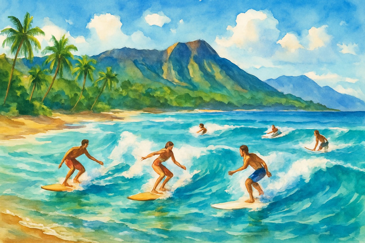 Surfers riding waves near a sandy beach with palm trees and volcanic mountains in the background under a blue sky.