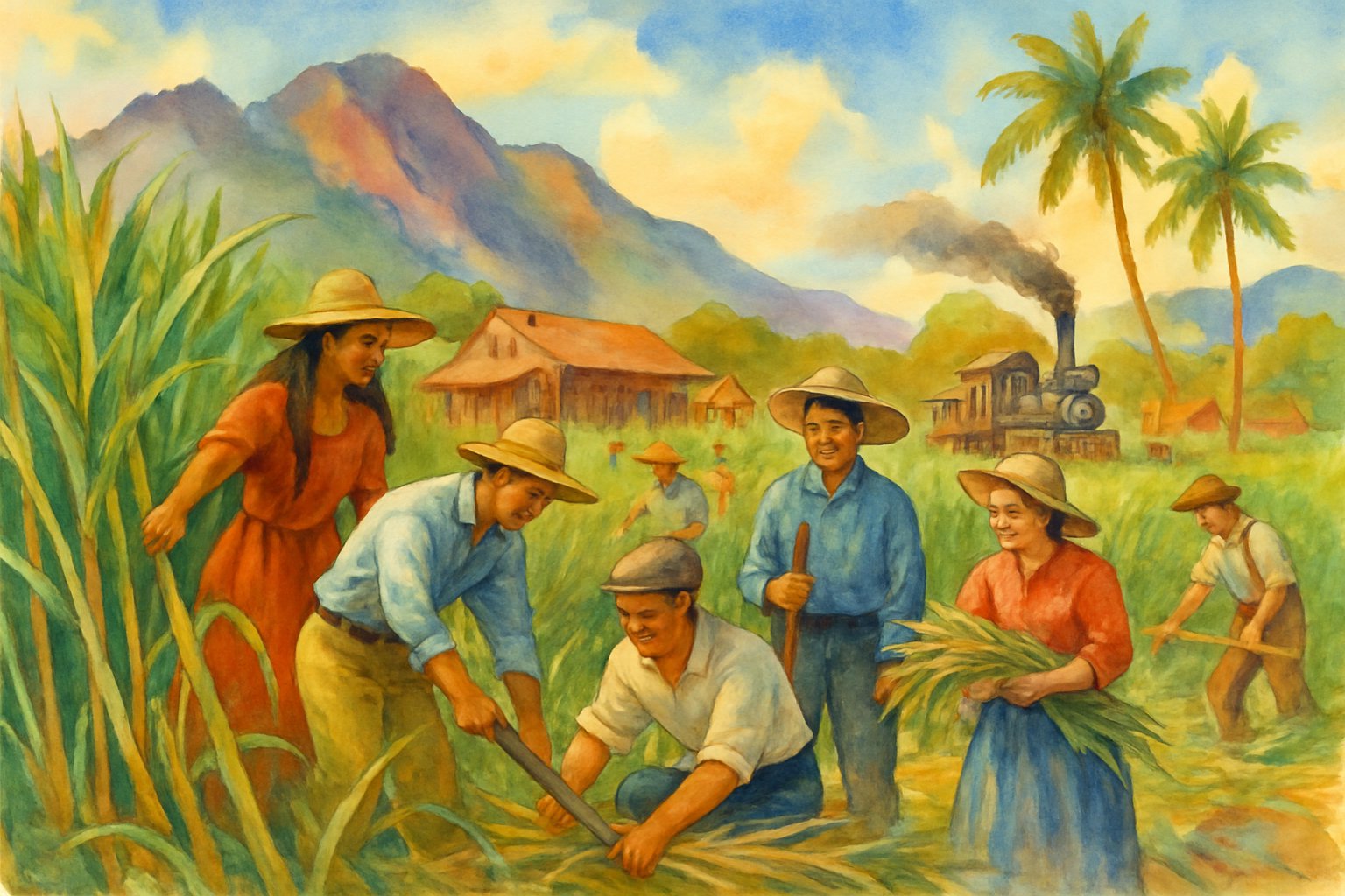 A group of diverse plantation workers harvesting sugarcane in lush fields on Maui, with mountains and plantation buildings in the background.