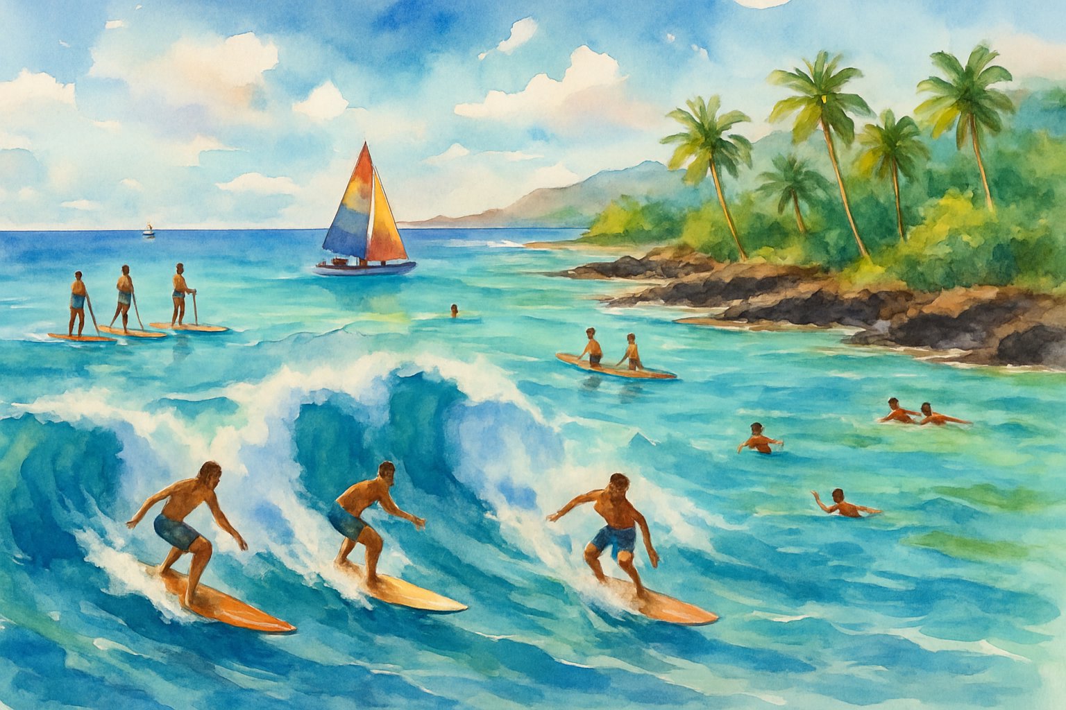 A coastal scene showing surfers riding waves, paddleboarders on calm water, a sailboat, snorkelers near a rocky, tropical shoreline with palm trees.