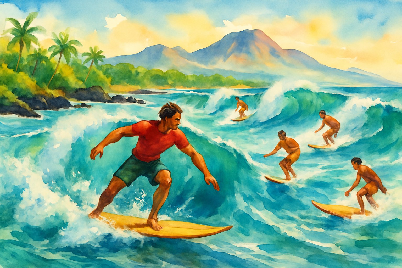 Surfers riding large waves near a rocky shoreline with tropical plants and volcanic mountains in the background.