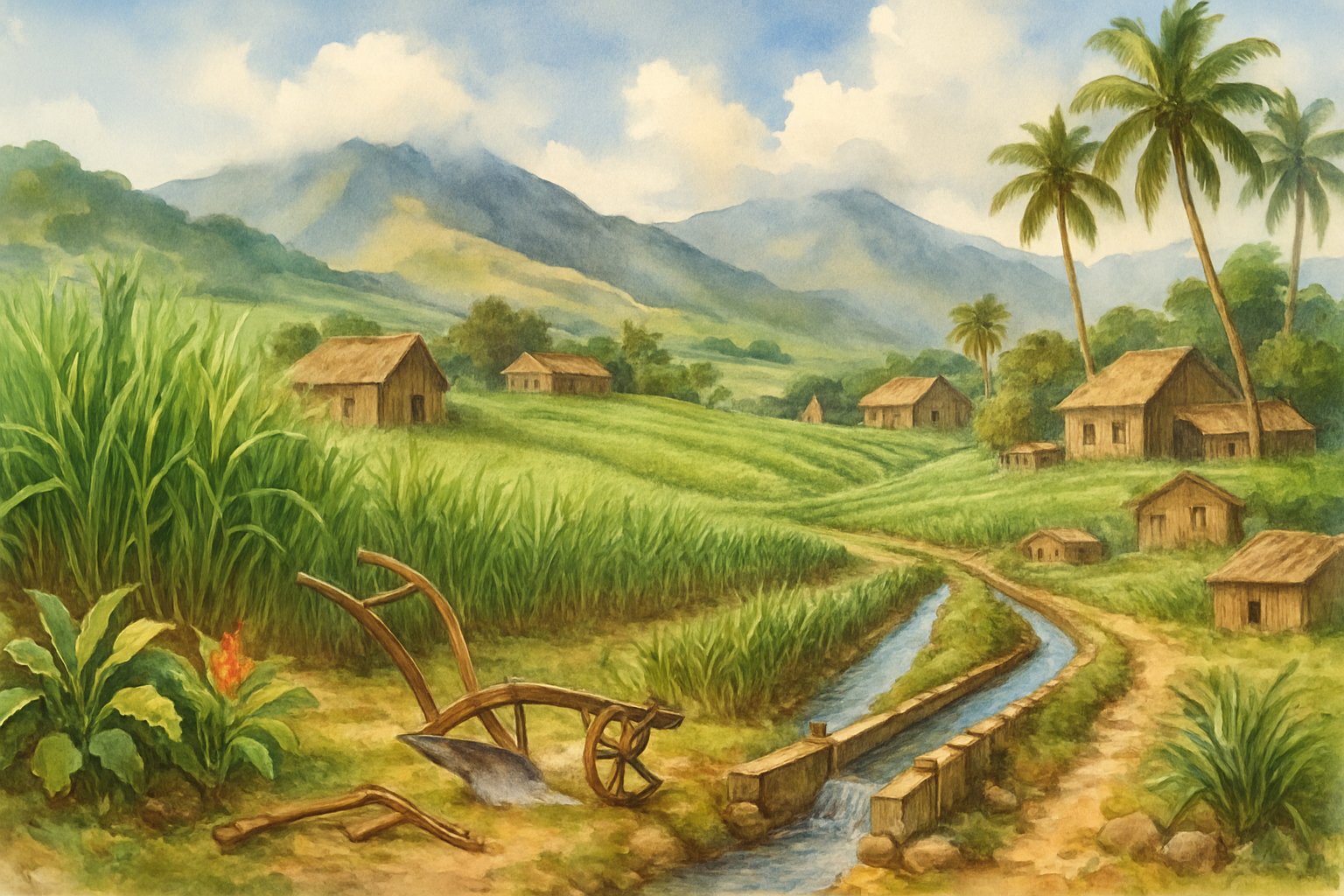 A landscape of sugarcane fields on Maui with old plantation buildings, irrigation channels, tropical plants, and mountains in the background.