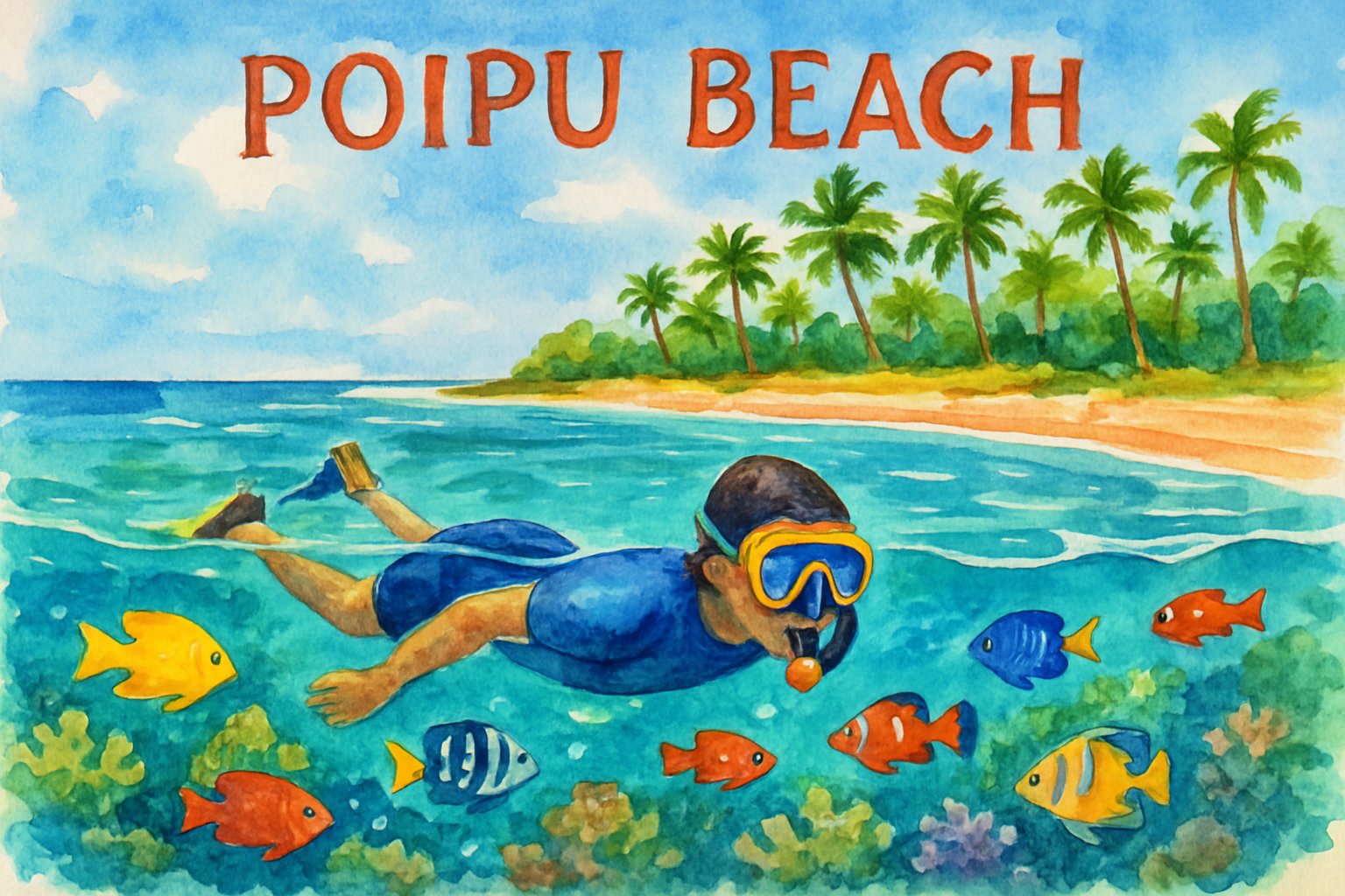 A snorkeler floating in clear turquoise water near coral reefs with tropical fish, with palm trees and a sandy beach in the background.