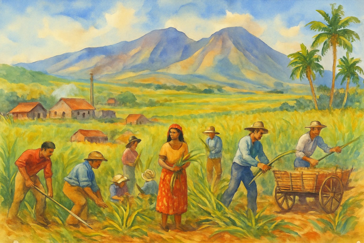 A landscape showing sugarcane fields with plantation workers harvesting crops, traditional buildings, and mountains in the background.