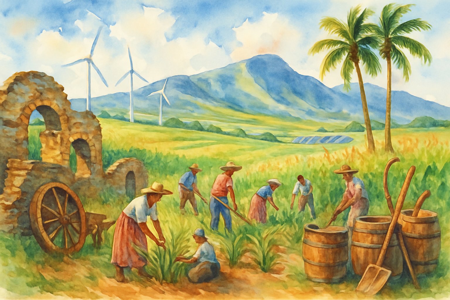 A landscape of Maui with sugarcane fields, workers tending crops, palm trees, volcanic mountains, and modern renewable energy elements in the background.