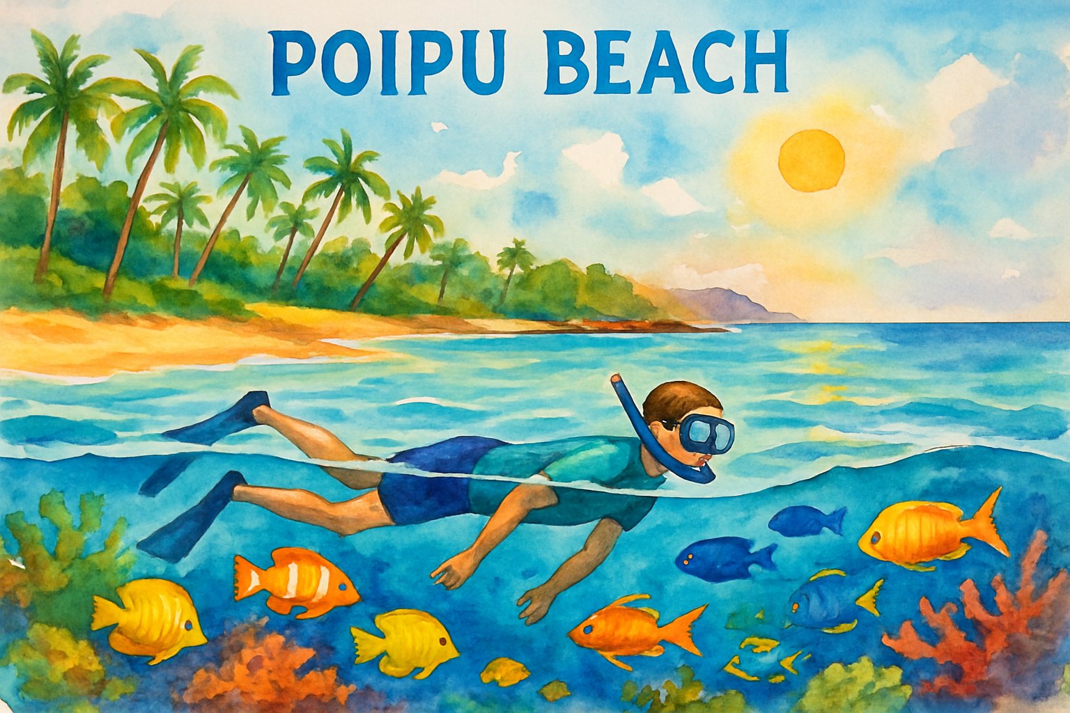 A snorkeler exploring clear turquoise waters near a sandy beach with palm trees and rocky cliffs under a sunny sky.