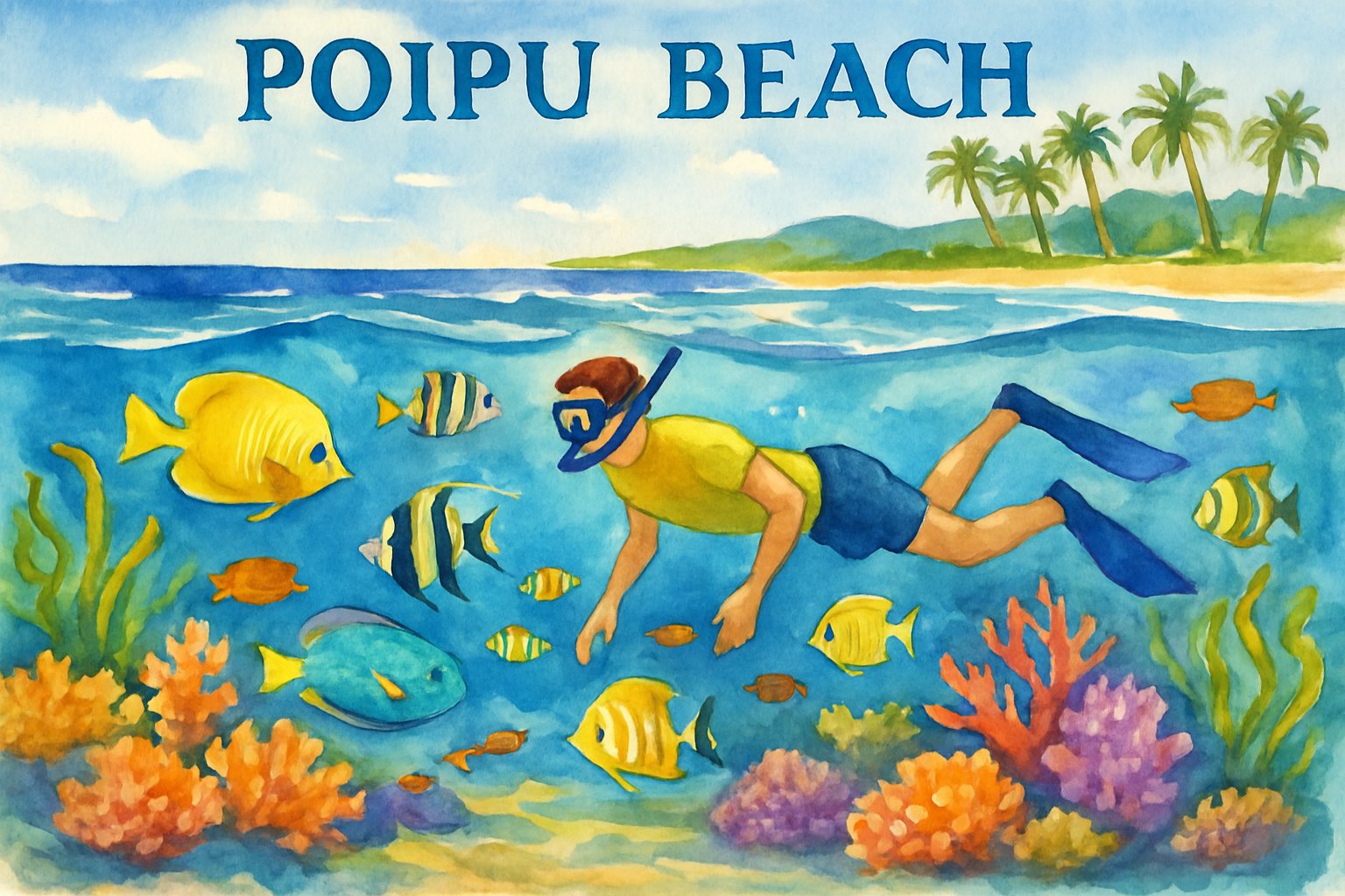 A snorkeler swimming underwater near colorful fish and coral reefs with the beach and palm trees visible in the background.