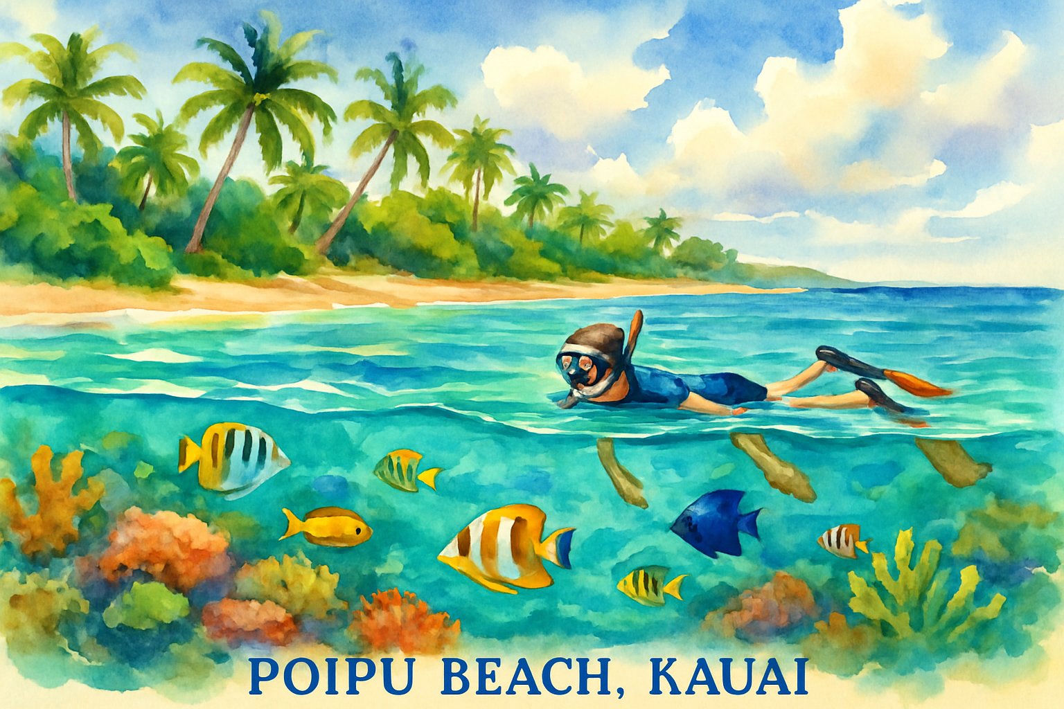 A snorkeler floating in clear turquoise water near a coral reef with tropical fish, palm trees, and a sandy beach in the background.