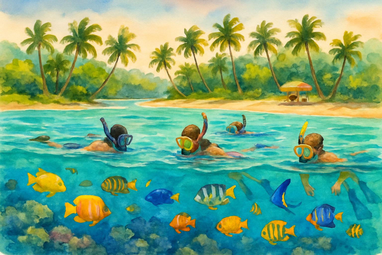 People snorkeling in clear blue waters near a tropical beach with palm trees and coral reefs.
