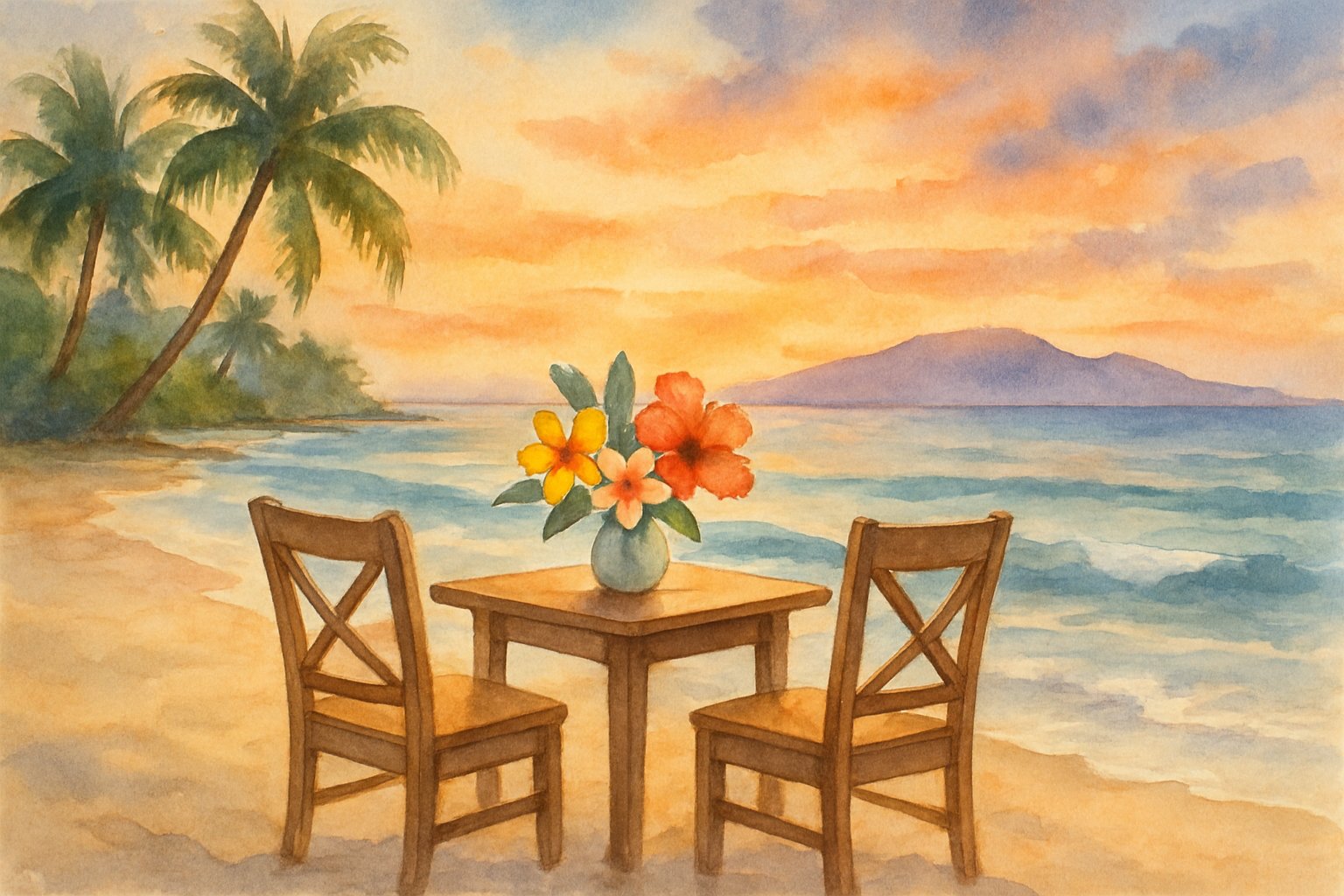 A beach at sunset with a small table and two chairs surrounded by tropical flowers, palm trees, and distant mountains.