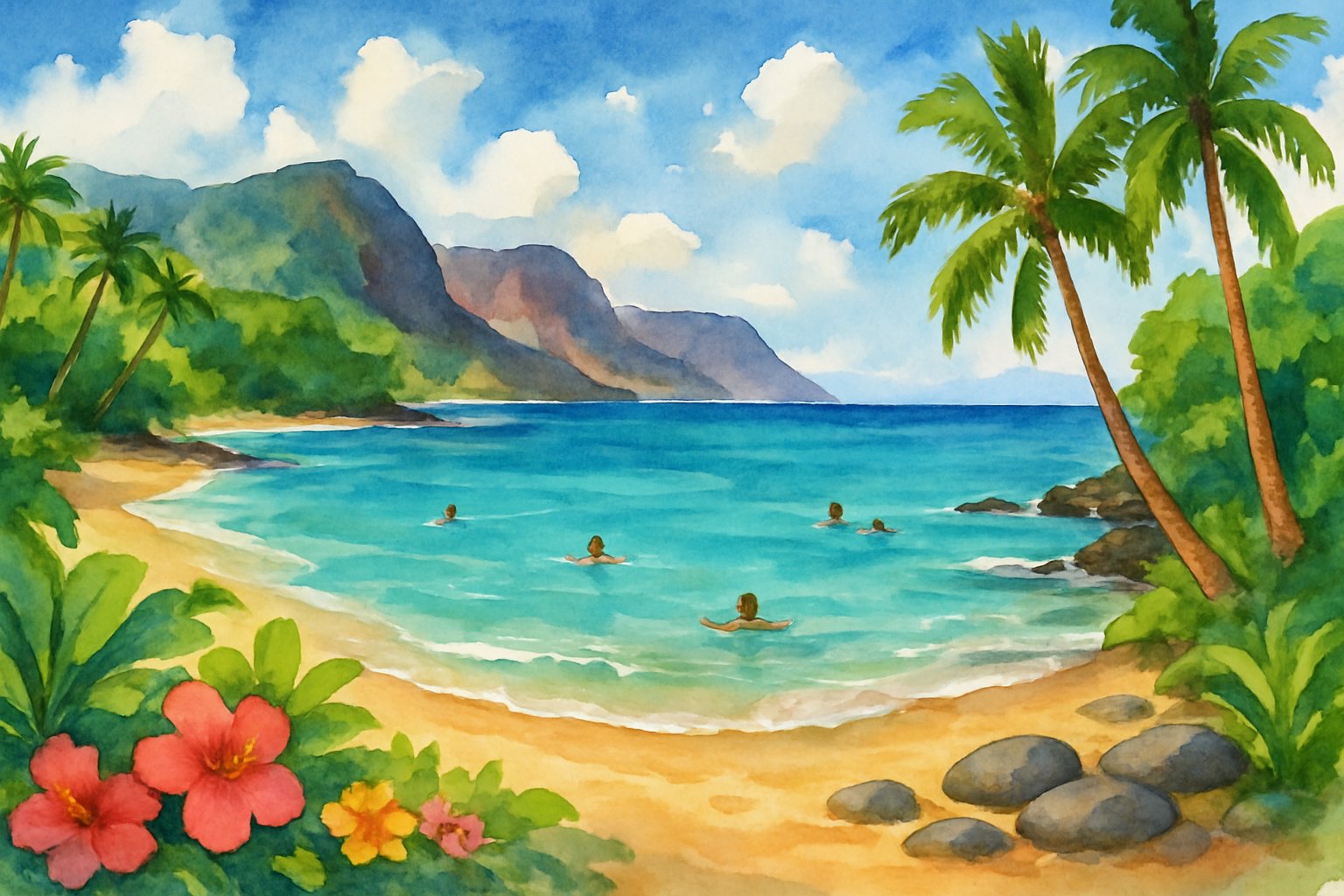 A tropical beach with clear blue water, sandy shore, palm trees, and people swimming in the ocean.