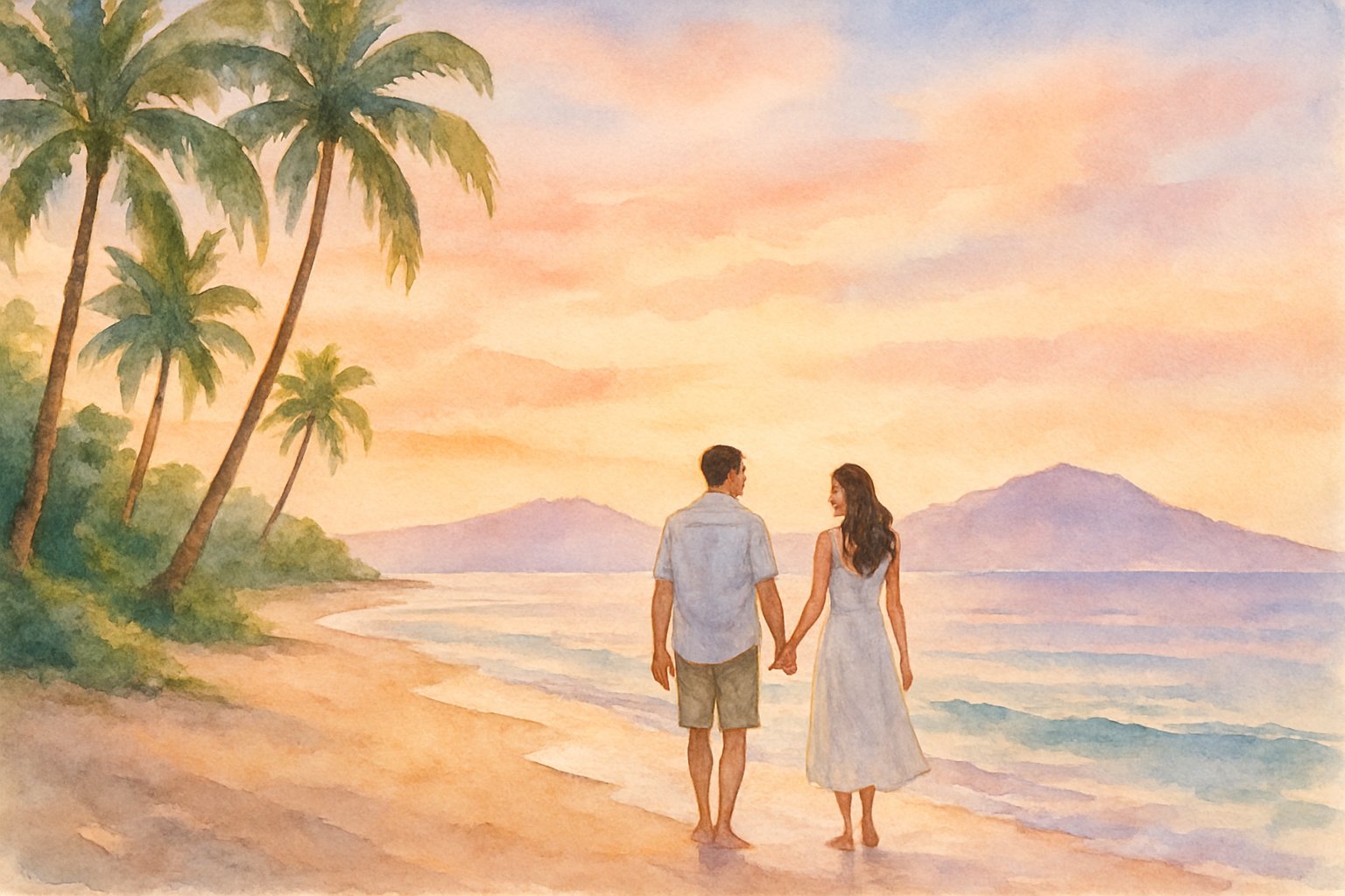 A couple walking hand-in-hand along a beach at sunset with palm trees and mountains in the background.