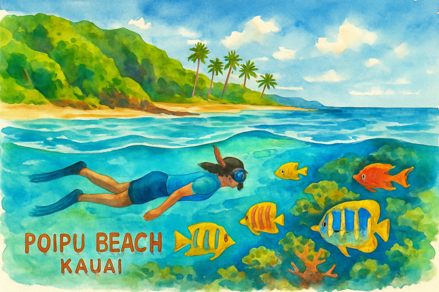 A snorkeler swimming in clear blue water near a sandy beach with green cliffs and palm trees in the background.