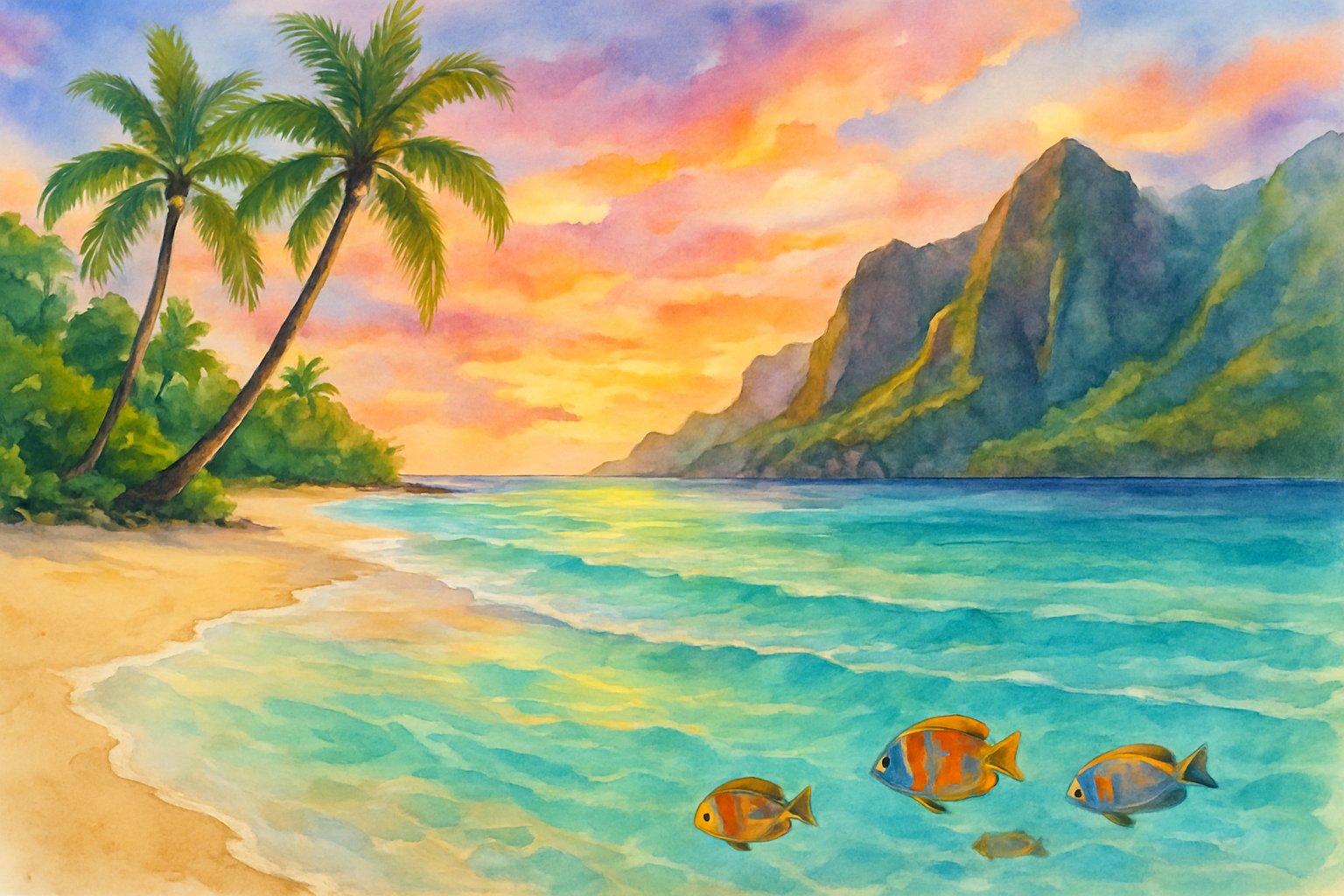 A peaceful beach with clear turquoise water, white sand, palm trees, tropical fish swimming near the shore, and volcanic cliffs in the background under a colorful sunrise sky.