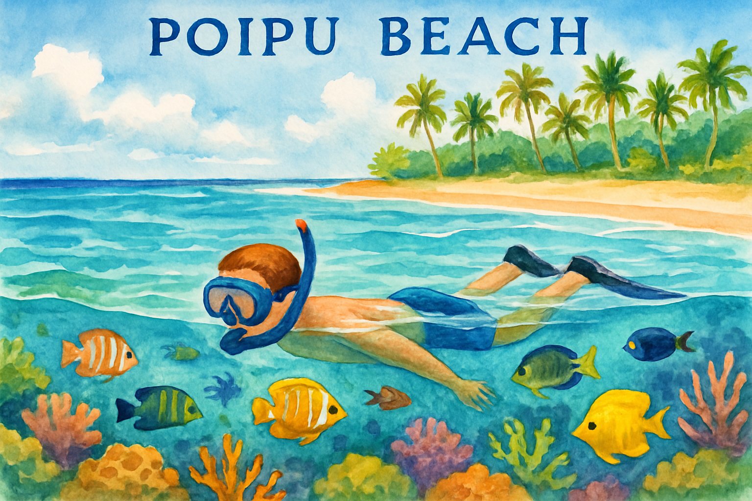 A snorkeler floating on clear water above colorful coral reefs and tropical fish near a sandy beach with palm trees.