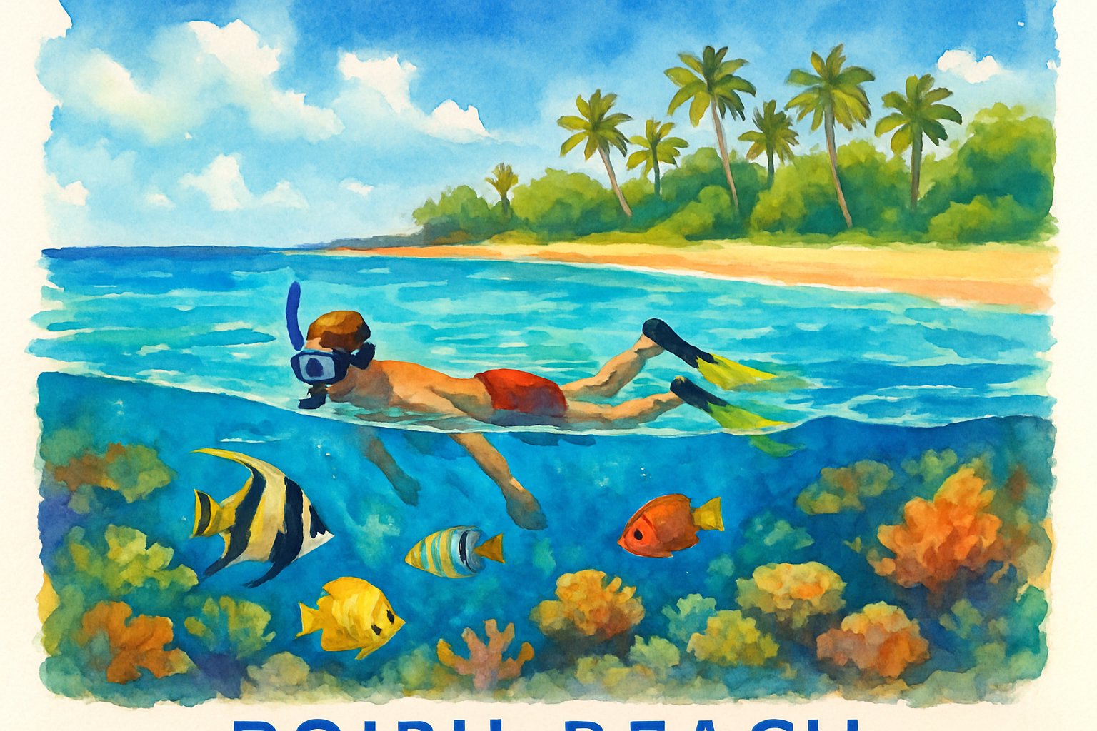 A snorkeler floating in clear turquoise water near a tropical beach with palm trees and colorful fish swimming below.