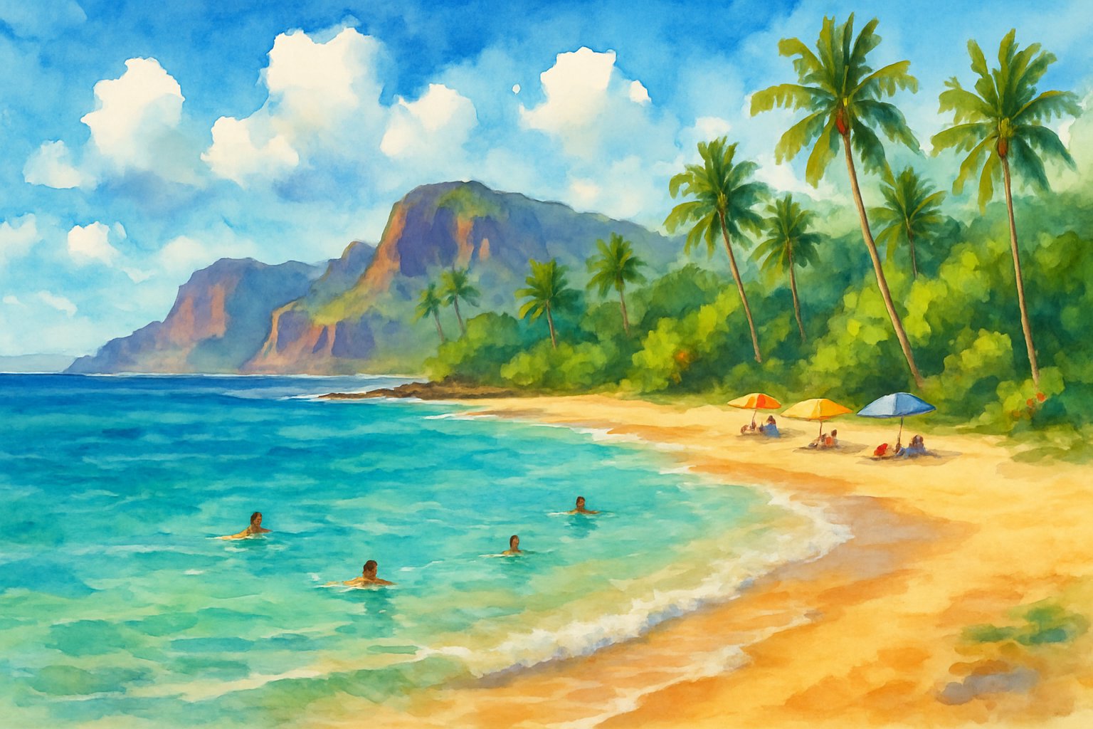 A tropical beach with clear blue water, golden sand, palm trees, and distant cliffs under a blue sky.