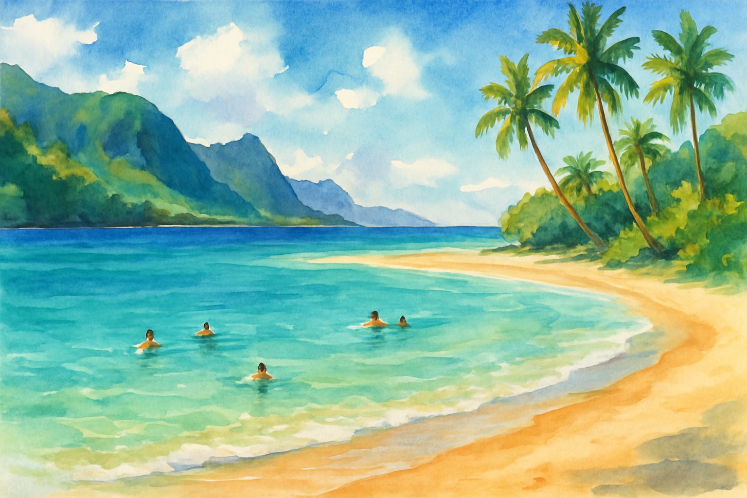 A peaceful beach scene with swimmers in clear blue water, golden sand, palm trees, and distant cliffs under a sunny sky.