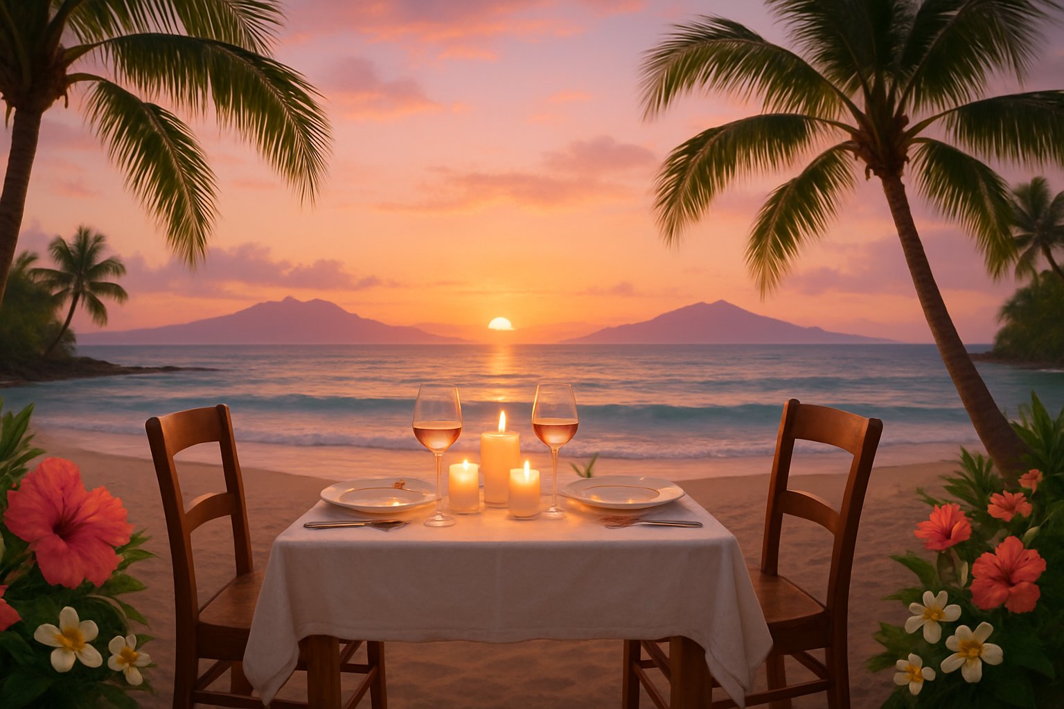 A romantic beachside dinner setup for two at sunset with a table, candles, tropical flowers, palm trees, ocean, and mountains in the background.