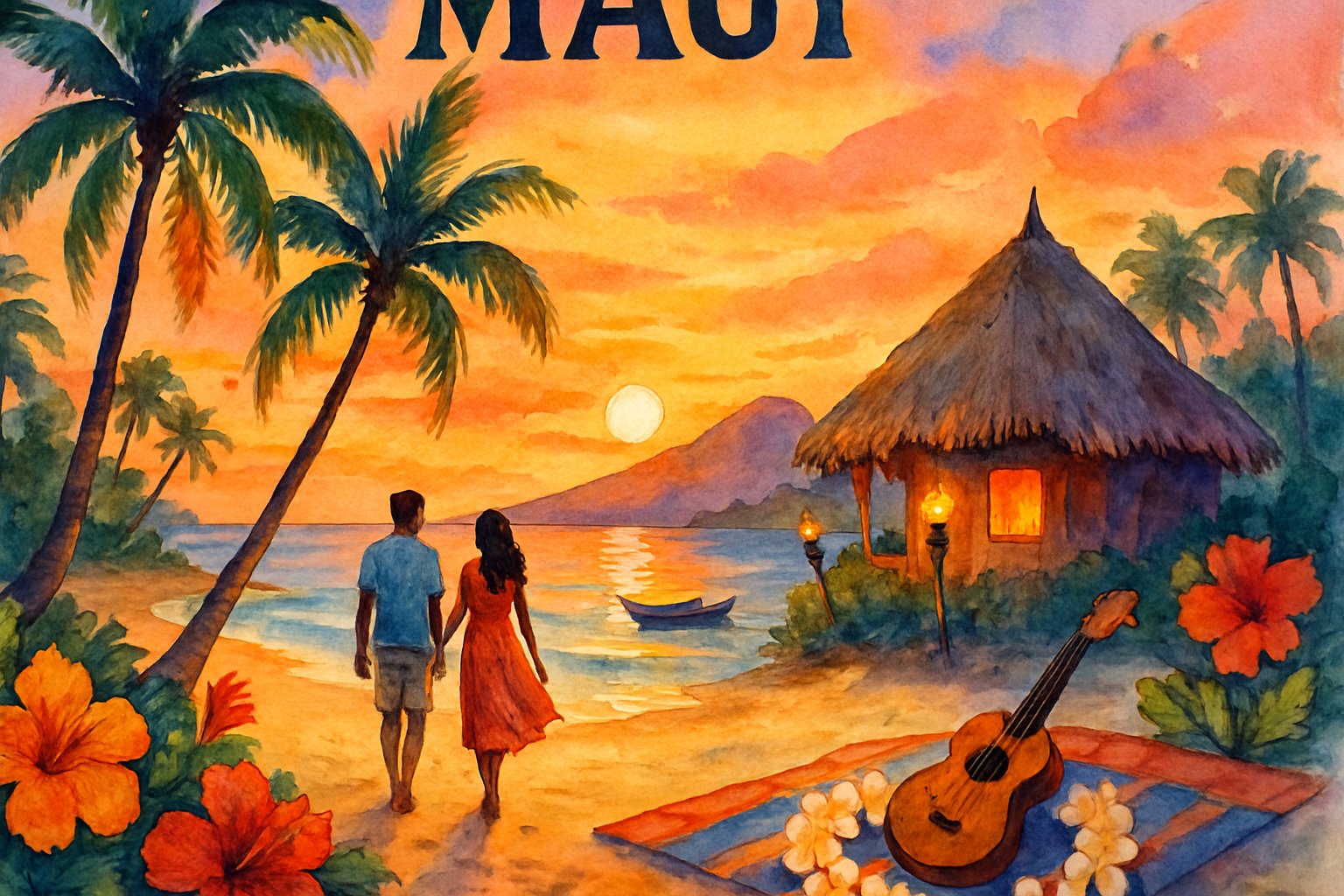 A couple walking hand-in-hand on a tropical beach at sunset with palm trees, flowers, a traditional hut, and mountains in the background.