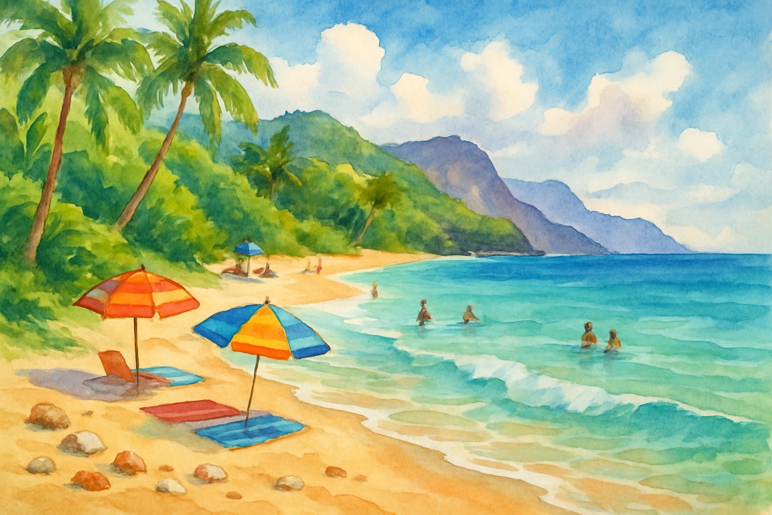 A tropical beach with clear turquoise water, golden sand, palm trees, and people swimming and relaxing by the shore.
