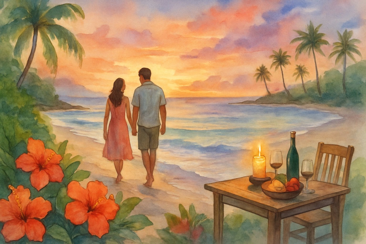 A couple walking hand-in-hand on a tropical beach at sunset with palm trees, flowers, and a candlelit dinner table nearby.